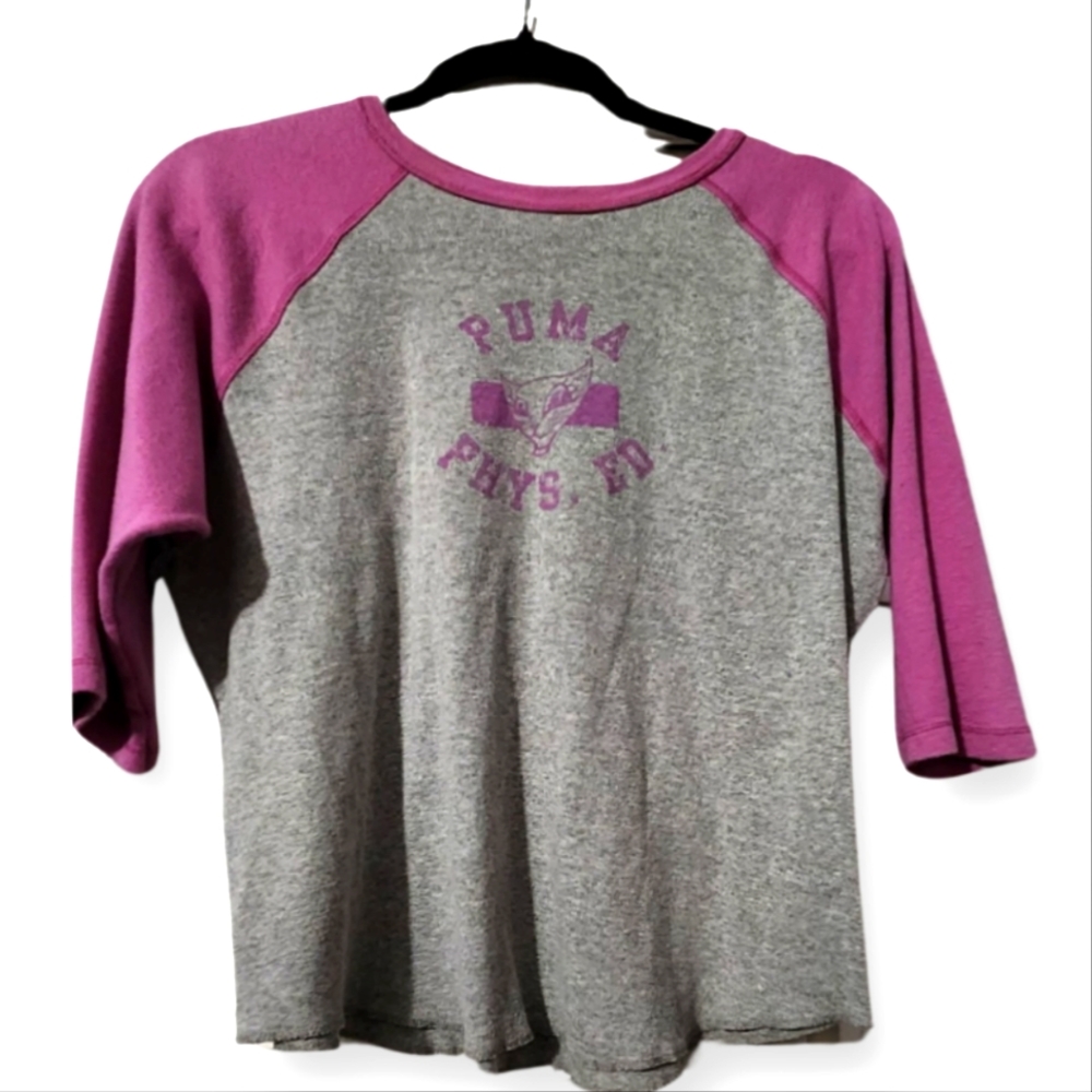 AUTHENTIC Puma brand Phys Ed Puma Cat Raglan Pink & Grey 3/4 Sleeve 90's - Y2K